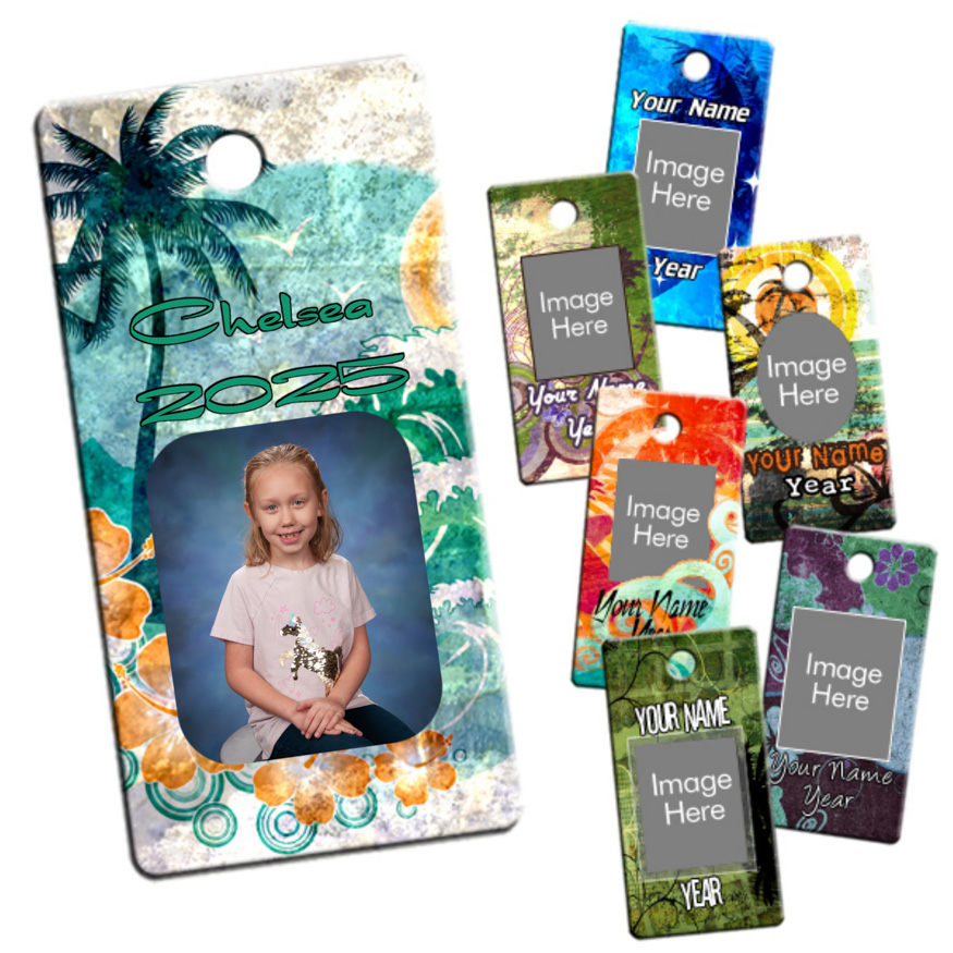 Tropical design, 36 tags, personalized with name and year